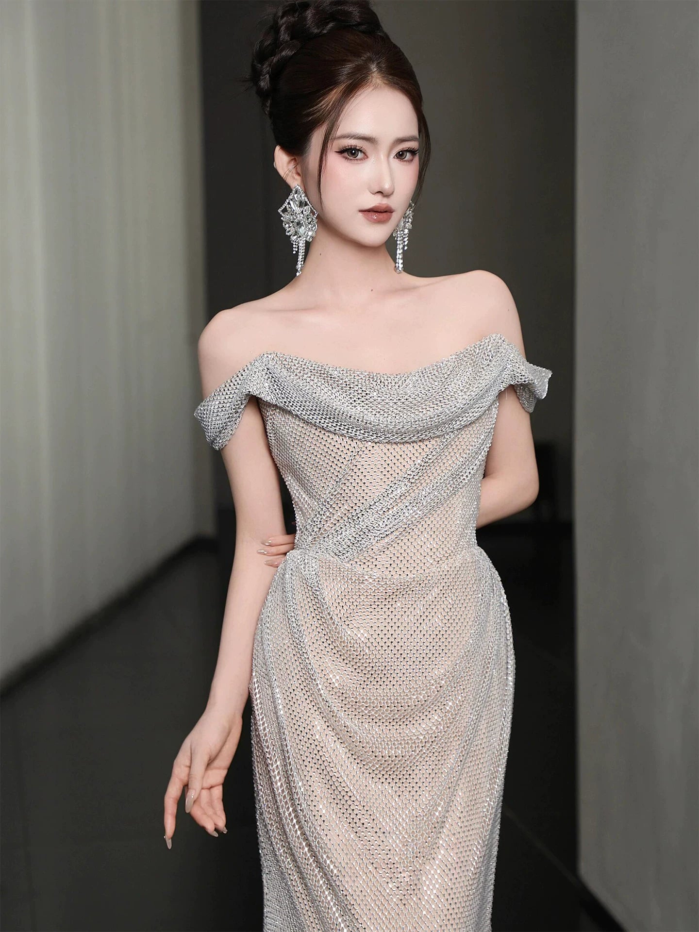 Hot Girls Off-Shoulder Sheath Prom Dress Inspiration Sequins  Formal Dress AP7040