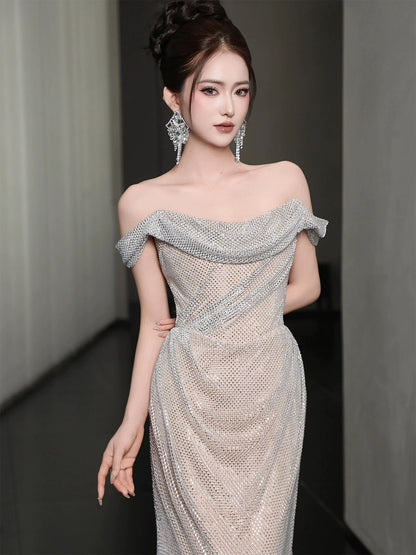 Hot Girls Off-Shoulder Sheath Prom Dress Inspiration Sequins  Formal Dress AP7040