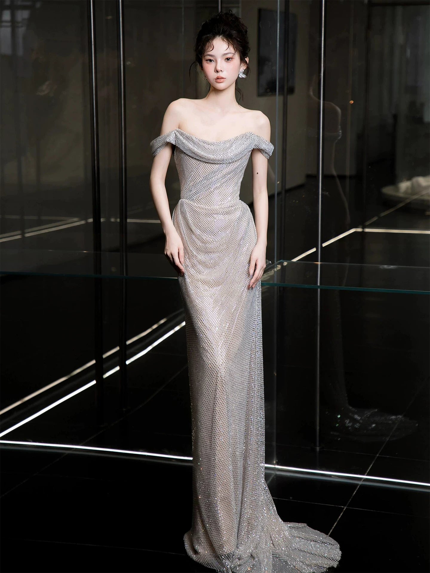 Hot Girls Off-Shoulder Sheath Prom Dress Inspiration Sequins  Formal Dress AP7040