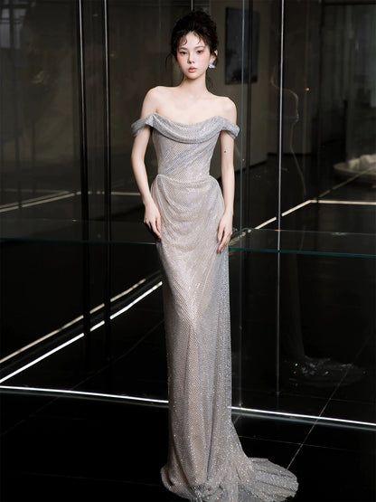 Hot Girls Off-Shoulder Sheath Prom Dress Inspiration Sequins  Formal Dress AP7040