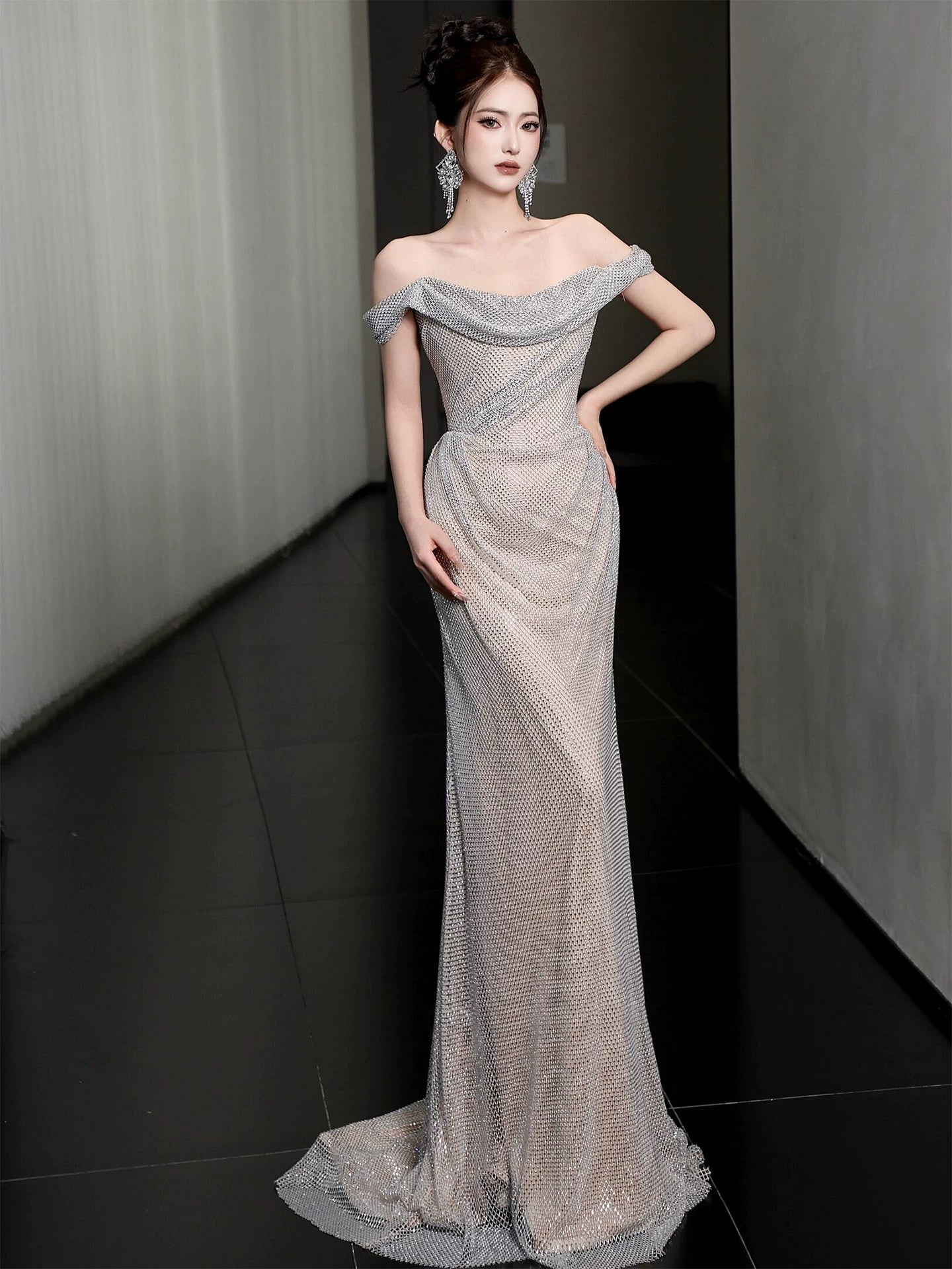 Hot Girls Off-Shoulder Sheath Prom Dress Inspiration Sequins  Formal Dress AP7040