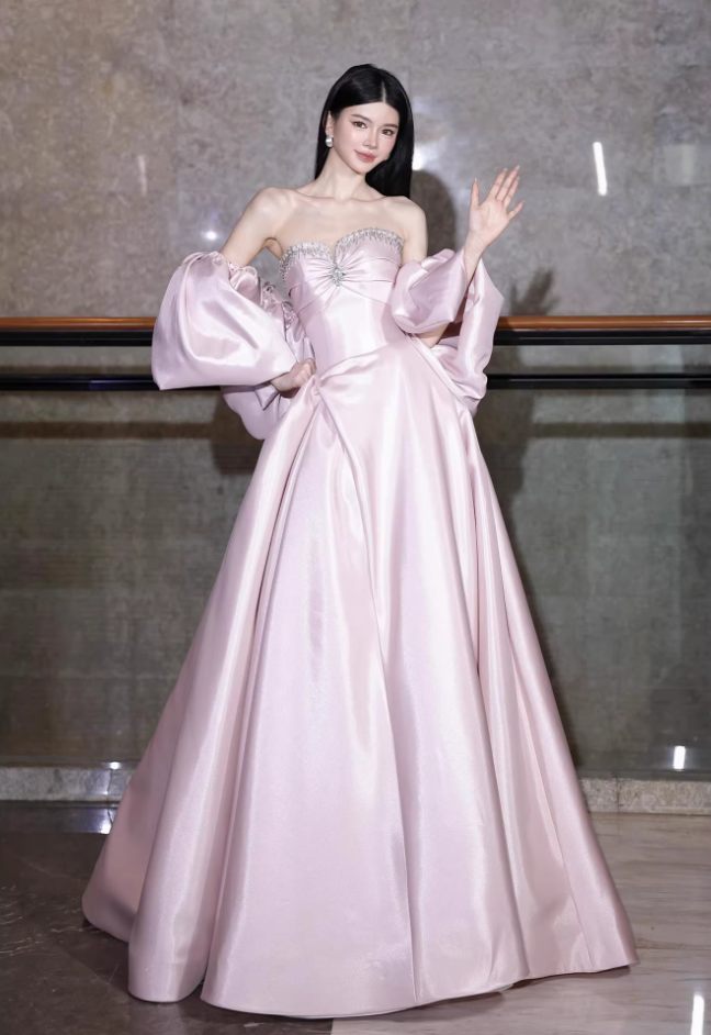 Fairy Strapless A-Line Pink Prom Dress With Shawl Beaded Formal Dress AP7041