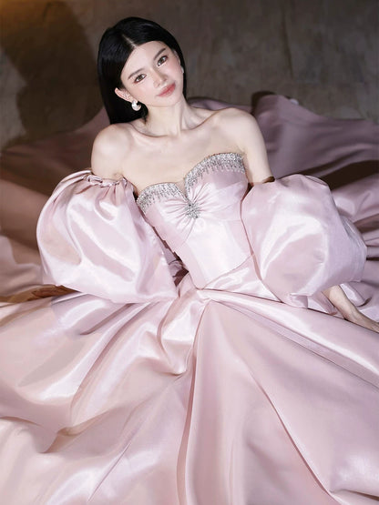 Fairy Strapless A-Line Pink Prom Dress With Shawl Beaded Formal Dress AP7041