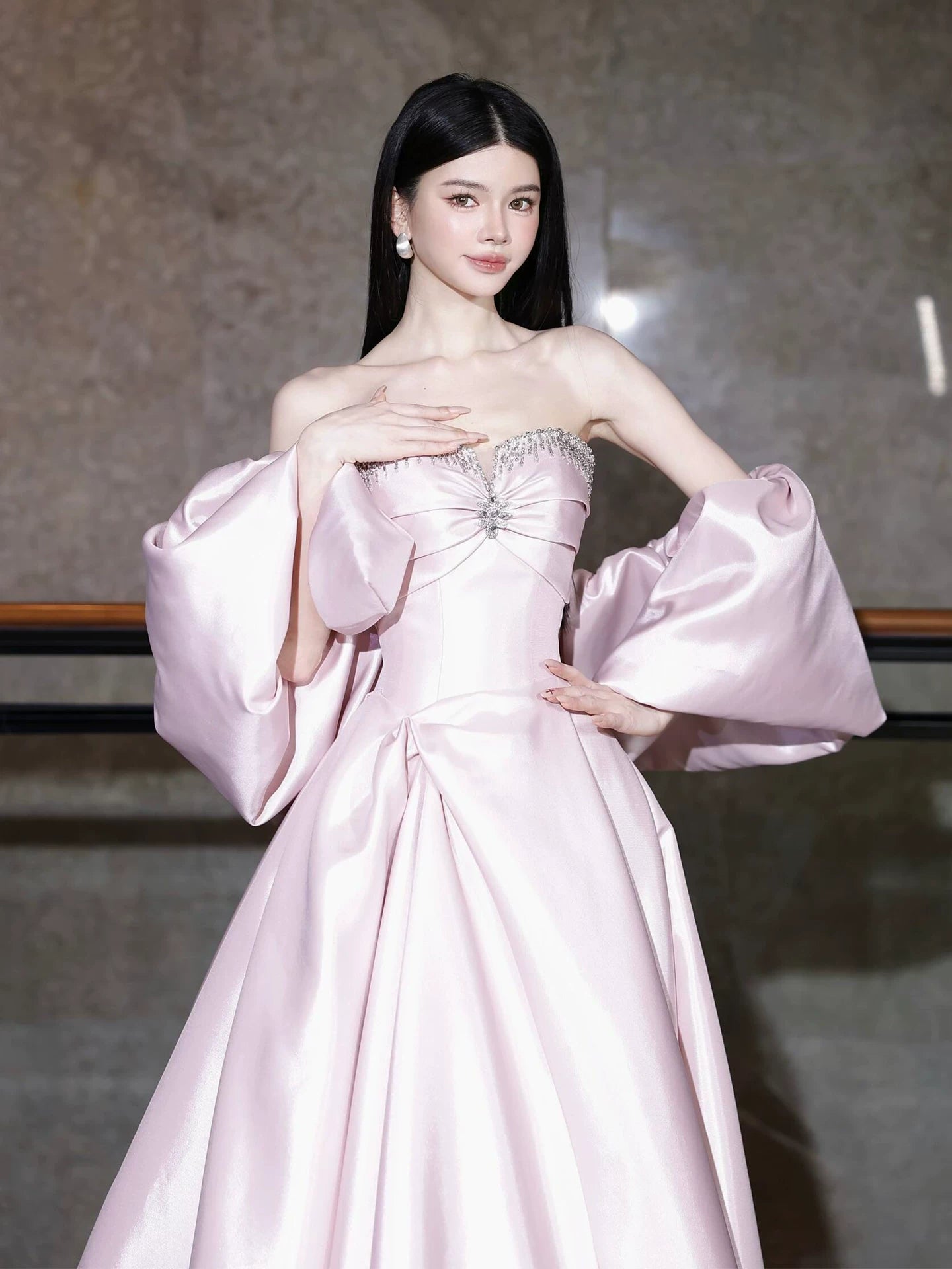 Fairy Strapless A-Line Pink Prom Dress With Shawl Beaded Formal Dress AP7041