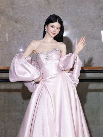 Fairy Strapless A-Line Pink Prom Dress With Shawl Beaded Formal Dress AP7041