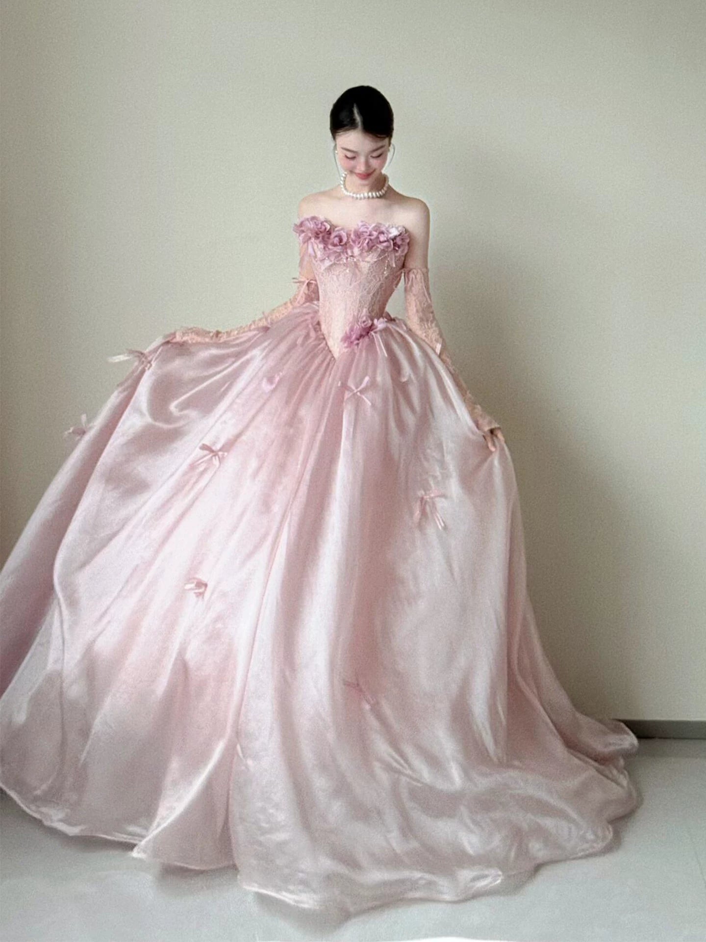Exquisite Strapless Lace Bodice Pink Prom Dress With Sleeves Appliques Bows A-Line Formal Gowns AP7042