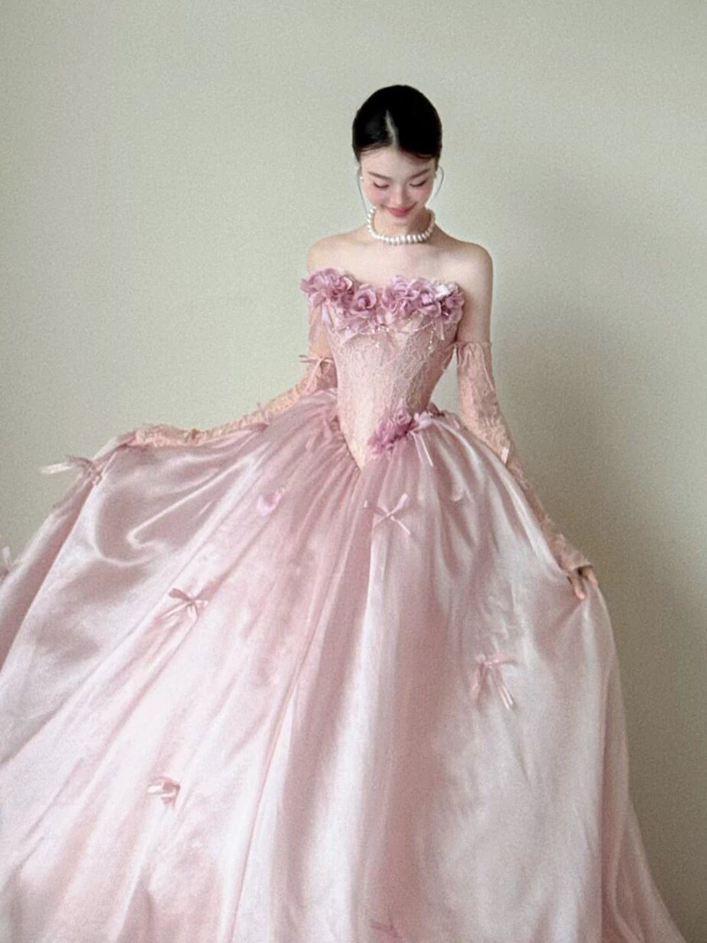 Exquisite Strapless Lace Bodice Pink Prom Dress With Sleeves Appliques Bows A-Line Formal Gowns AP7042