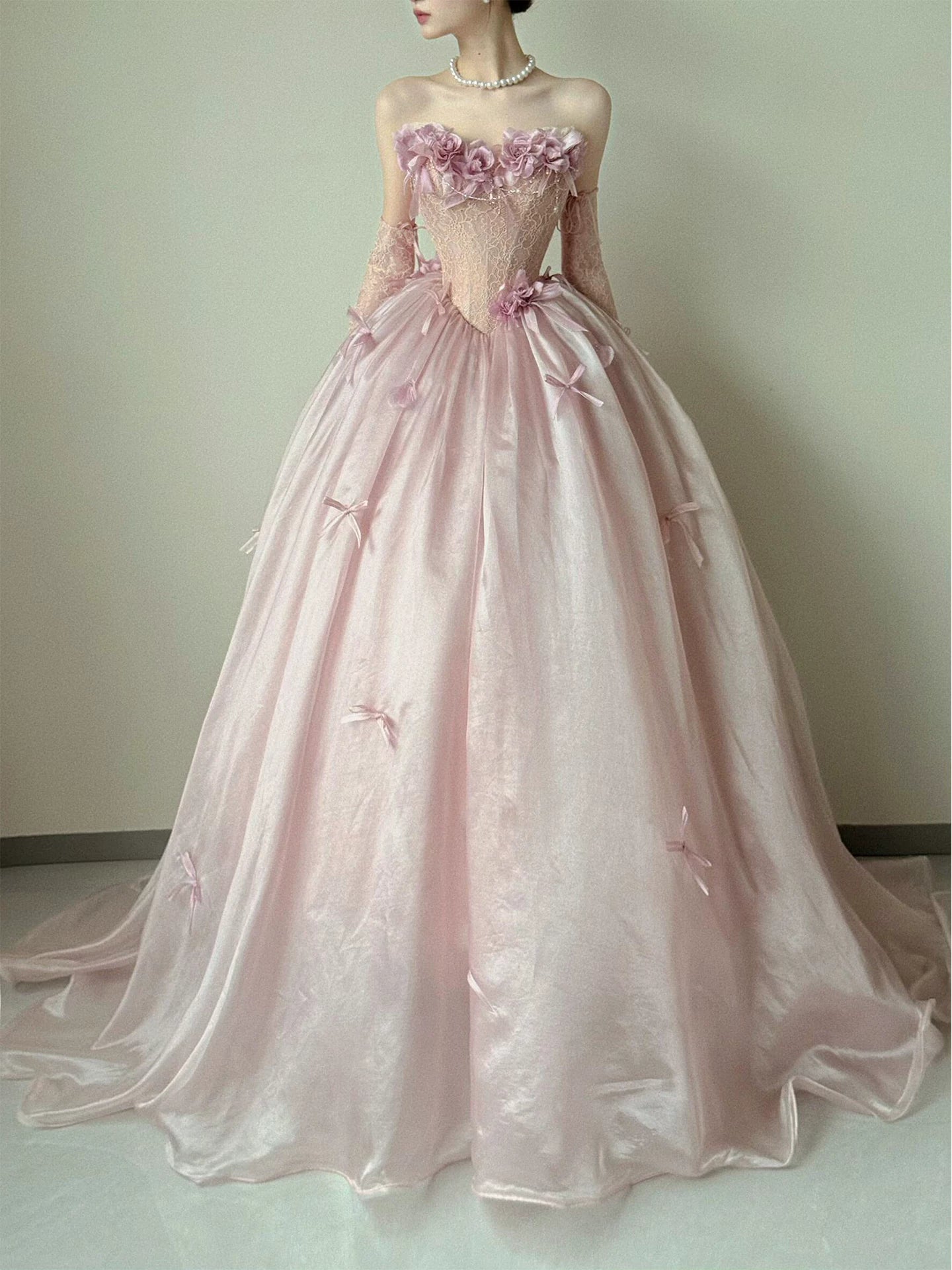 Exquisite Strapless Lace Bodice Pink Prom Dress With Sleeves Appliques Bows A-Line Formal Gowns AP7042