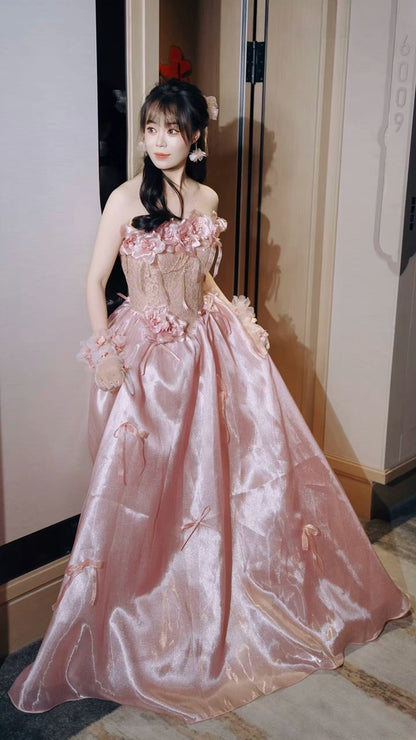 Exquisite Strapless Lace Bodice Pink Prom Dress With Sleeves Appliques Bows A-Line Formal Gowns AP7042