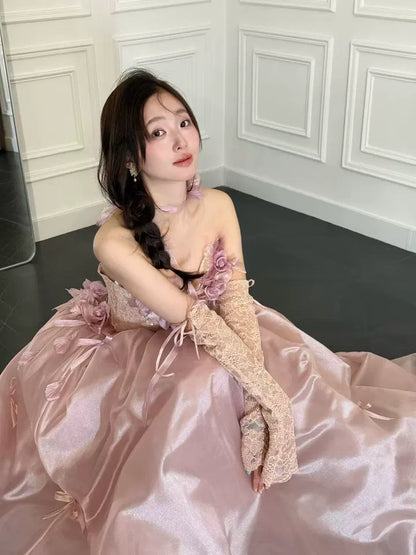 Exquisite Strapless Lace Bodice Pink Prom Dress With Sleeves Appliques Bows A-Line Formal Gowns AP7042
