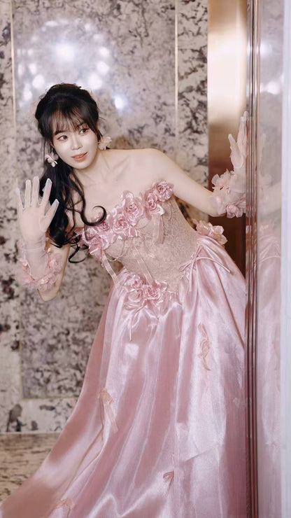 Exquisite Strapless Lace Bodice Pink Prom Dress With Sleeves Appliques Bows A-Line Formal Gowns AP7042