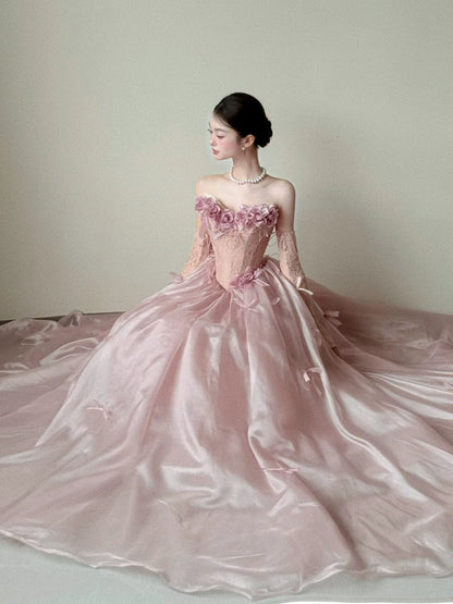 Exquisite Strapless Lace Bodice Pink Prom Dress With Sleeves Appliques Bows A-Line Formal Gowns AP7042
