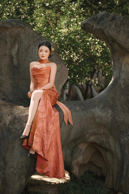 Boho Style Strapless Mermaid Slit Prom Dress Orange Appliques Jacquard Formal Dress AP7043