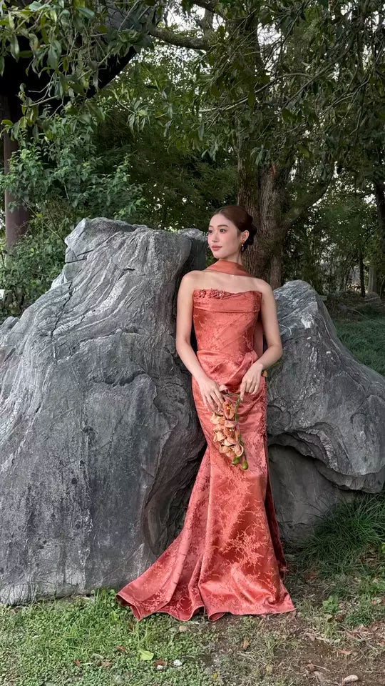 Boho Style Strapless Mermaid Slit Prom Dress Orange Appliques Jacquard Formal Dress AP7043