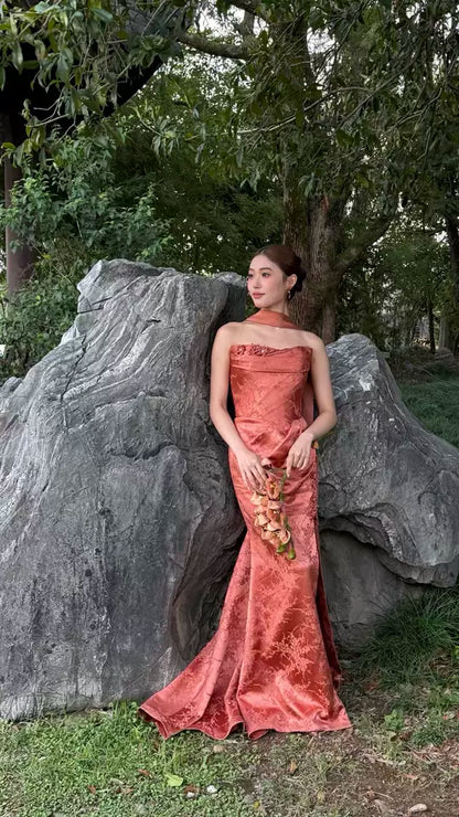 Boho Style Strapless Mermaid Slit Prom Dress Orange Appliques Jacquard Formal Dress AP7043