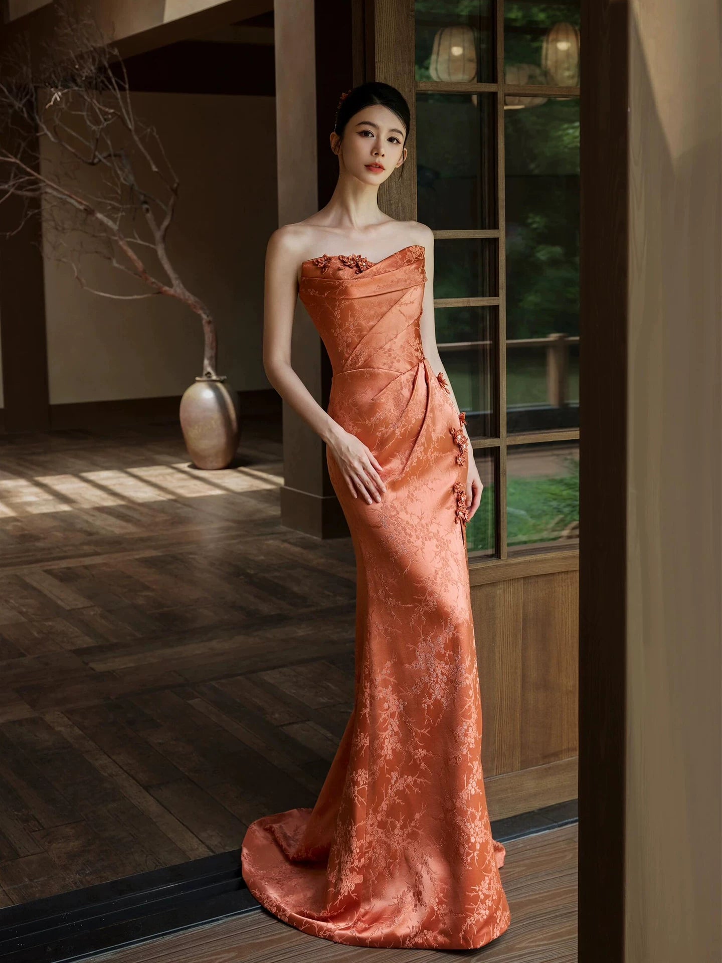 Boho Style Strapless Mermaid Slit Prom Dress Orange Appliques Jacquard Formal Dress AP7043