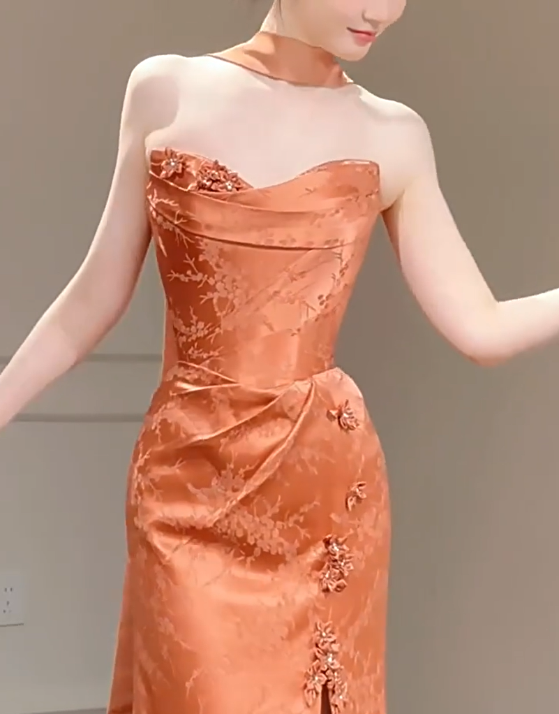 Boho Style Strapless Mermaid Slit Prom Dress Orange Appliques Jacquard Formal Dress AP7043