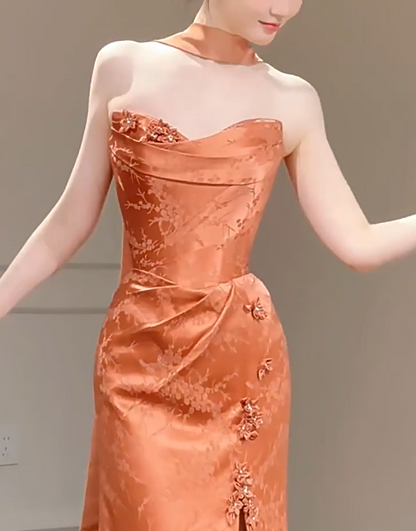 Boho Style Strapless Mermaid Slit Prom Dress Orange Appliques Jacquard Formal Dress AP7043