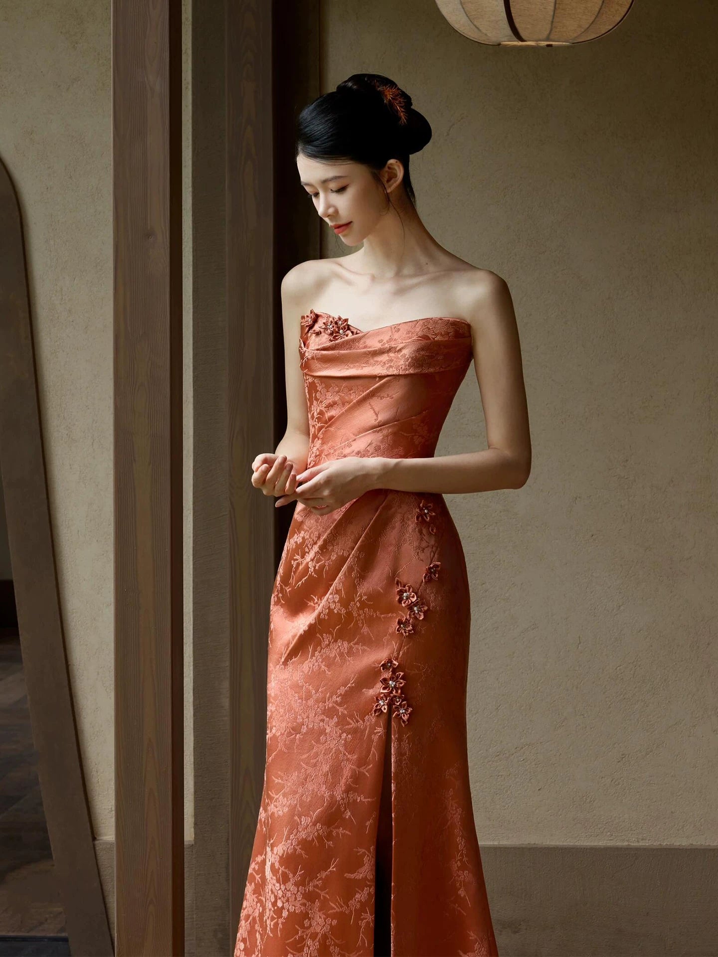 Boho Style Strapless Mermaid Slit Prom Dress Orange Appliques Jacquard Formal Dress AP7043
