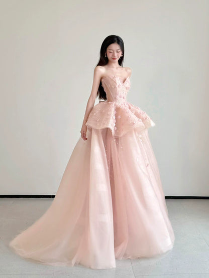 Refined Strapless Ruffles Pink Prom Dress Appliques Sequins A-Line Formal Gowns AP7045