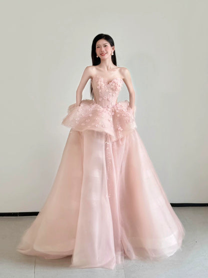Refined Strapless Ruffles Pink Prom Dress Appliques Sequins A-Line Formal Gowns AP7045