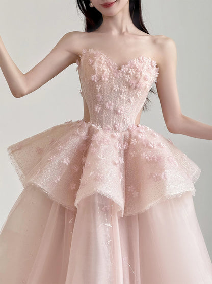 Refined Strapless Ruffles Pink Prom Dress Appliques Sequins A-Line Formal Gowns AP7045