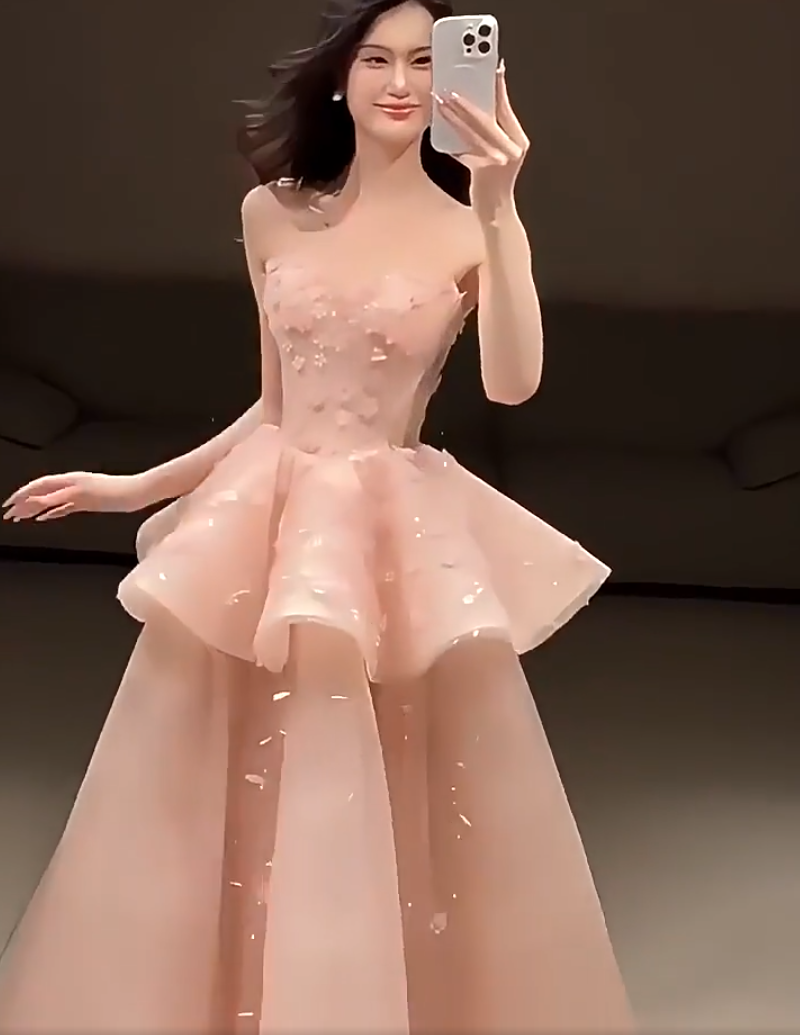 Refined Strapless Ruffles Pink Prom Dress Appliques Sequins A-Line Formal Gowns AP7045