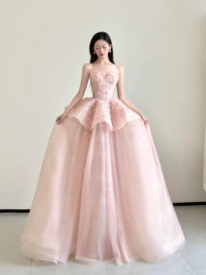 Refined Strapless Ruffles Pink Prom Dress Appliques Sequins A-Line Formal Gowns AP7045