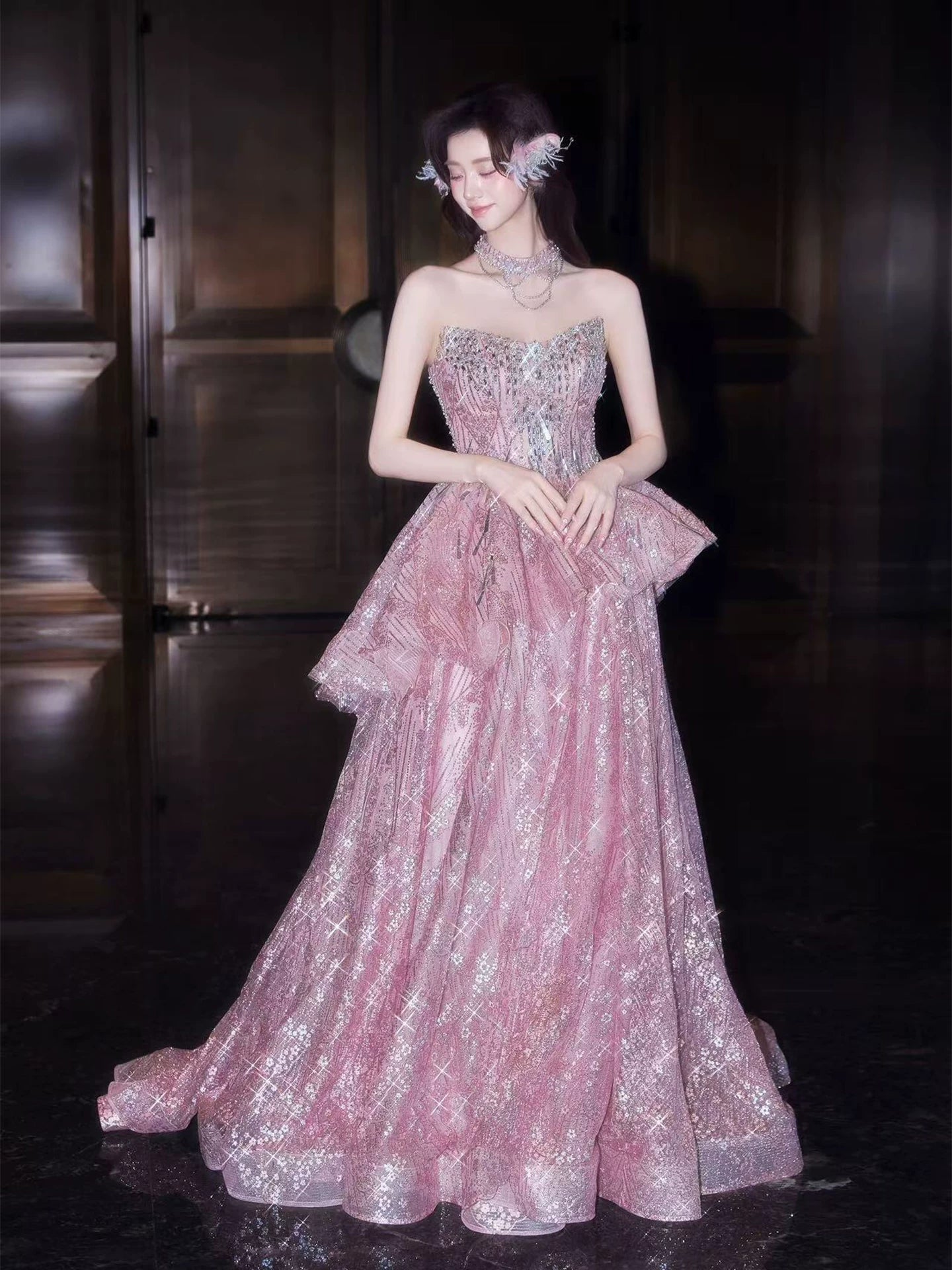 Beautiful A-Line Beaded Pink Prom Dress Strapless Sequins Ruffles Evening Gowns AP7046