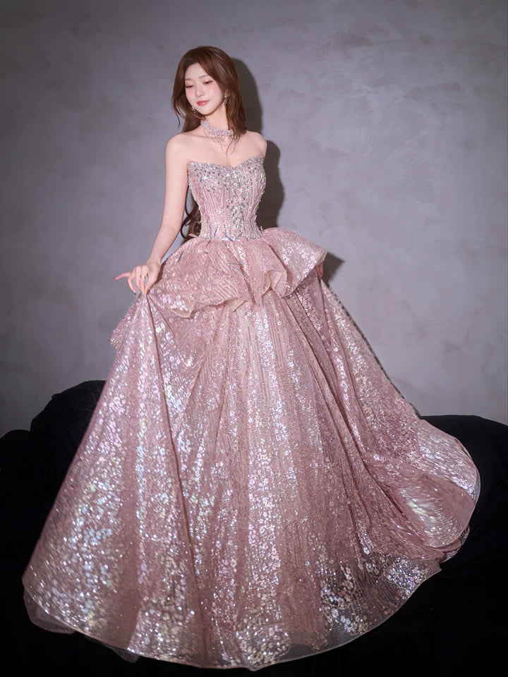 Beautiful A-Line Beaded Pink Prom Dress Strapless Sequins Ruffles Evening Gowns AP7046