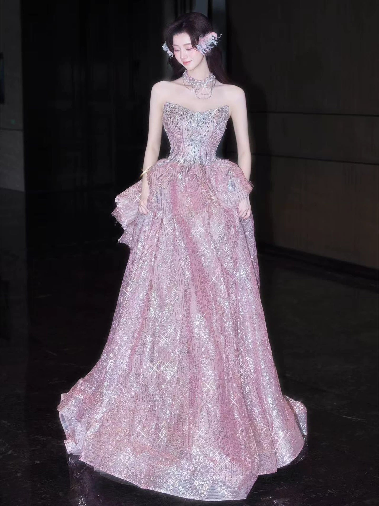 Beautiful A-Line Beaded Pink Prom Dress Strapless Sequins Ruffles Evening Gowns AP7046