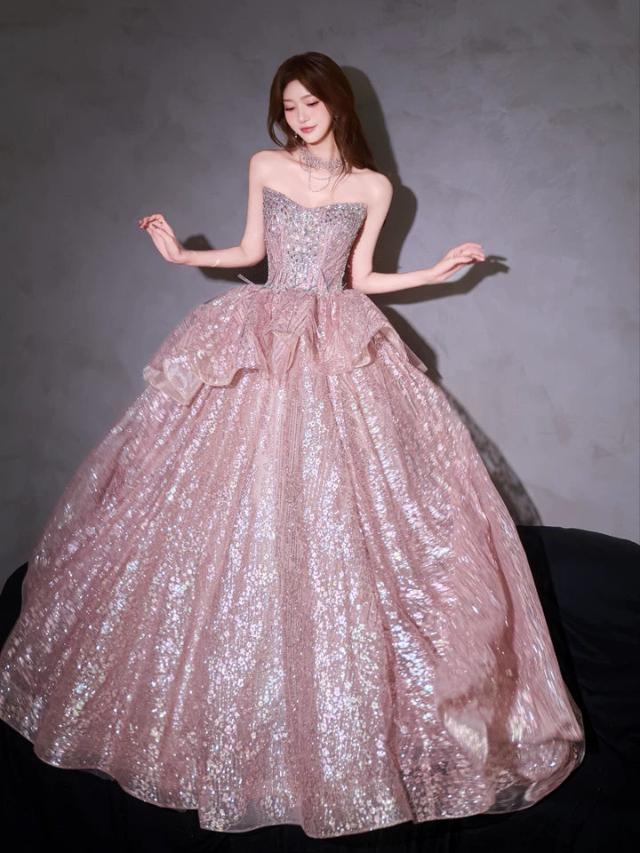 Beautiful A-Line Beaded Pink Prom Dress Strapless Sequins Ruffles Evening Gowns AP7046