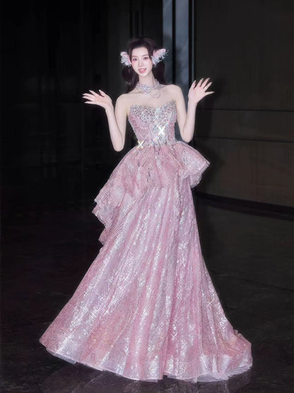 Beautiful A-Line Beaded Pink Prom Dress Strapless Sequins Ruffles Evening Gowns AP7046