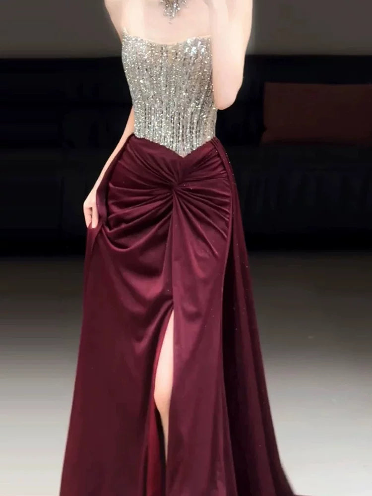 Enchanting Strapless Burgundy Prom Dress Beading Sheath Slit Formal Dress AP7047