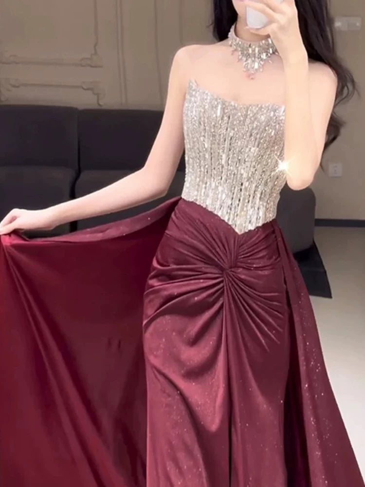 Enchanting Strapless Burgundy Prom Dress Beading Sheath Slit Formal Dress AP7047