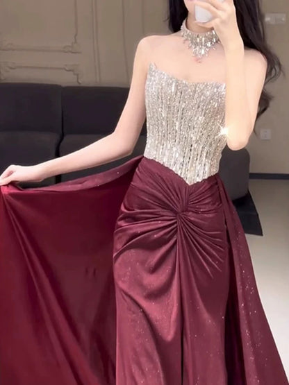 Enchanting Strapless Burgundy Prom Dress Beading Sheath Slit Formal Dress AP7047