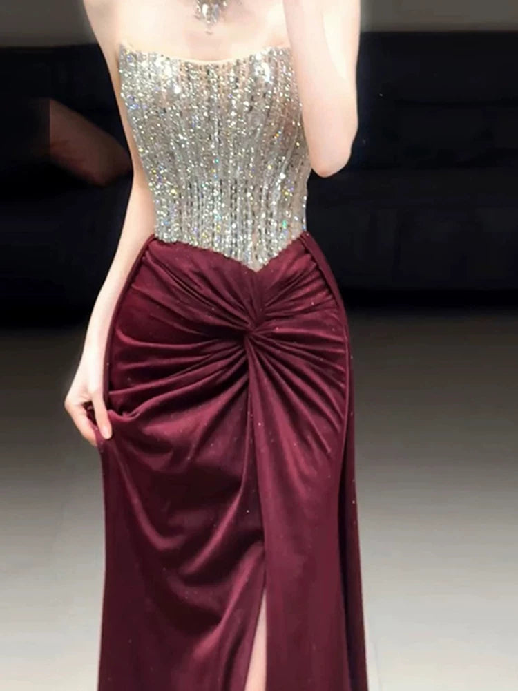 Enchanting Strapless Burgundy Prom Dress Beading Sheath Slit Formal Dress AP7047