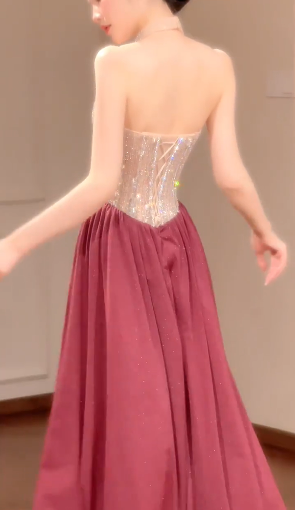 Enchanting Strapless Burgundy Prom Dress Beading Sheath Slit Formal Dress AP7047