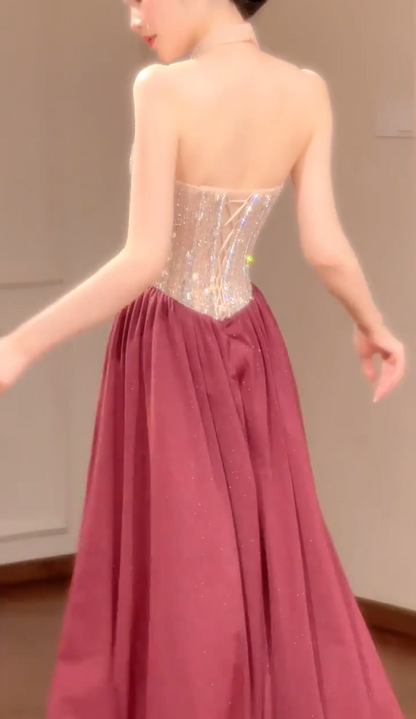 Enchanting Strapless Burgundy Prom Dress Beading Sheath Slit Formal Dress AP7047