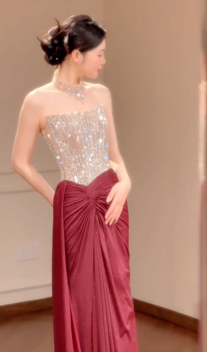 Enchanting Strapless Burgundy Prom Dress Beading Sheath Slit Formal Dress AP7047