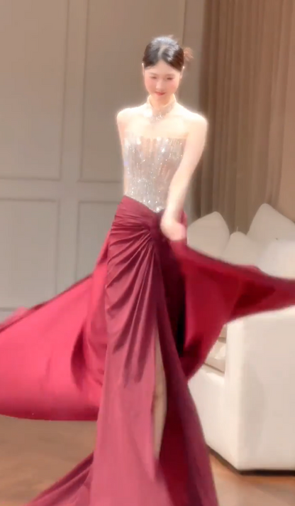 Enchanting Strapless Burgundy Prom Dress Beading Sheath Slit Formal Dress AP7047