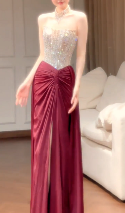 Enchanting Strapless Burgundy Prom Dress Beading Sheath Slit Formal Dress AP7047