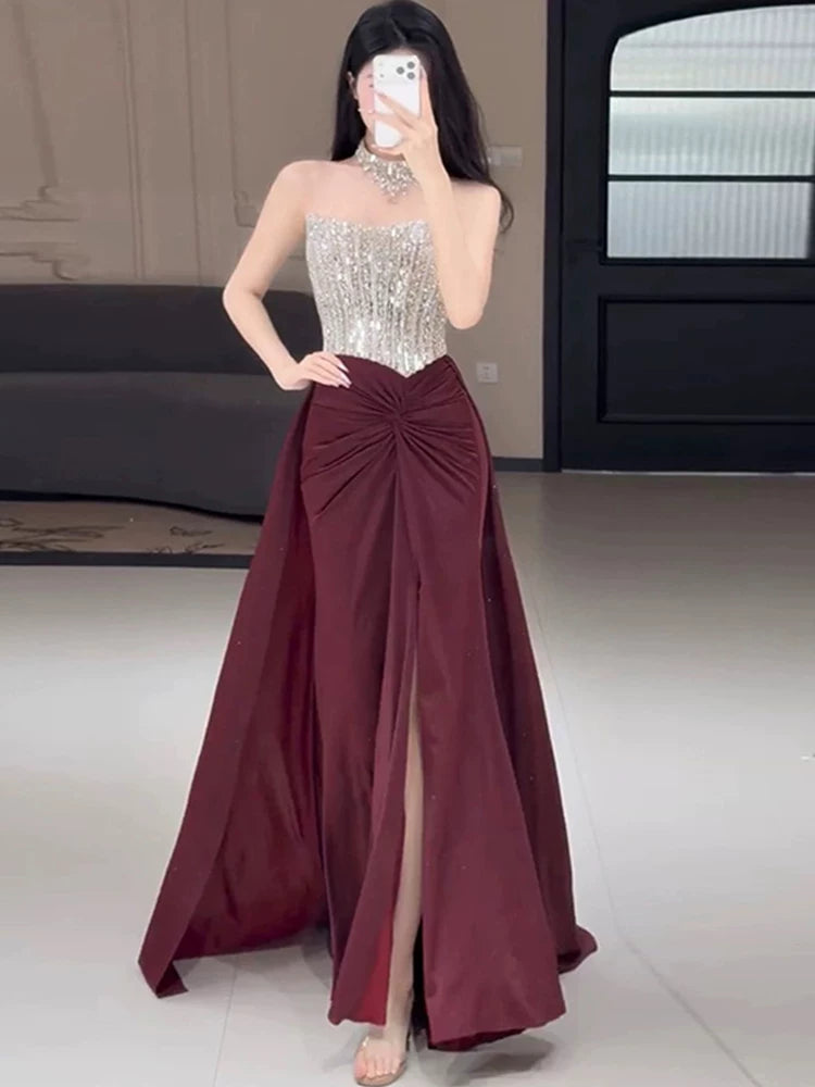 Enchanting Strapless Burgundy Prom Dress Beading Sheath Slit Formal Dress AP7047