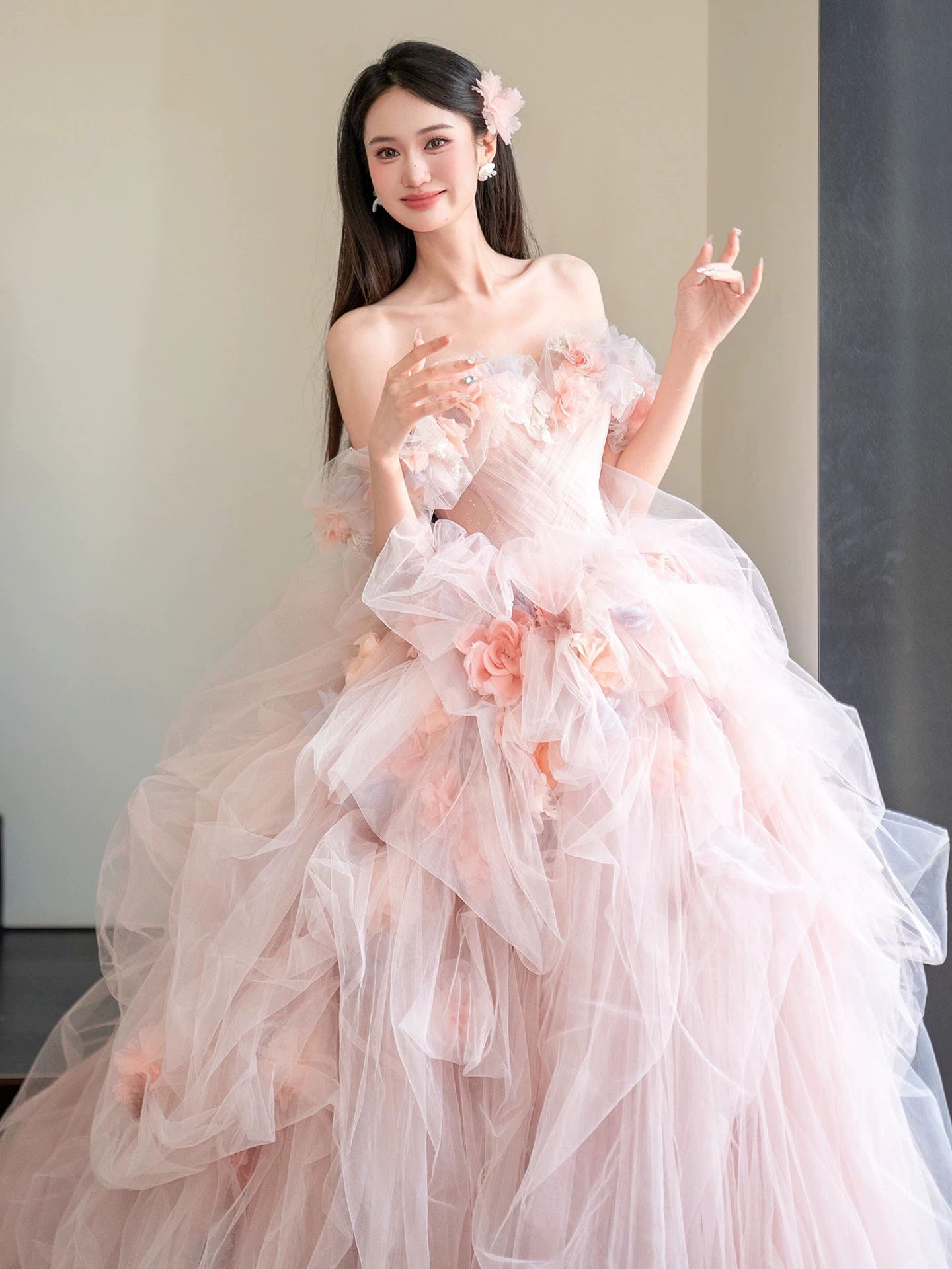 Superb Off-Shoulder A-Line Prom Dress Ruffled Tulle Appliques Formal Dress AP7048