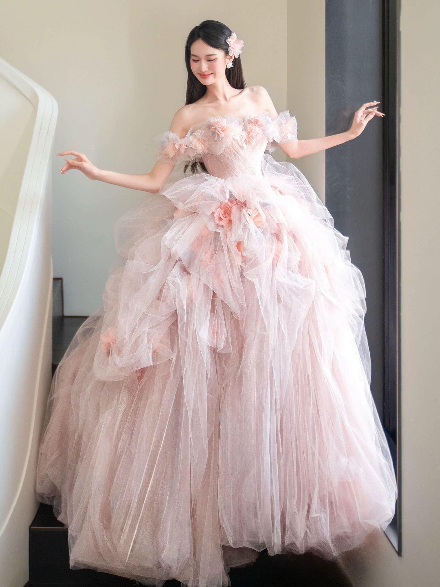 Superb Off-Shoulder A-Line Prom Dress Ruffled Tulle Appliques Formal Dress AP7048