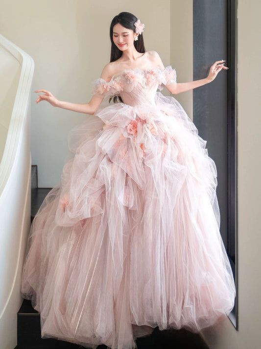 Superb Off-Shoulder A-Line Prom Dress Ruffled Tulle Appliques Formal Dress AP7048