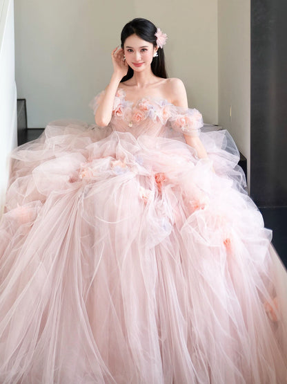 Superb Off-Shoulder A-Line Prom Dress Ruffled Tulle Appliques Formal Dress AP7048