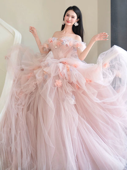 Superb Off-Shoulder A-Line Prom Dress Ruffled Tulle Appliques Formal Dress AP7048