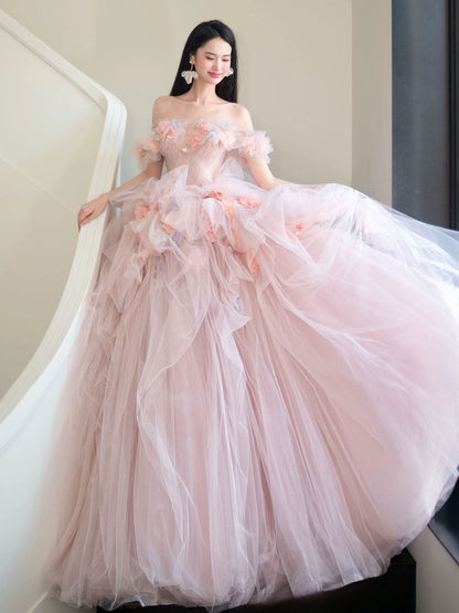 Superb Off-Shoulder A-Line Prom Dress Ruffled Tulle Appliques Formal Dress AP7048