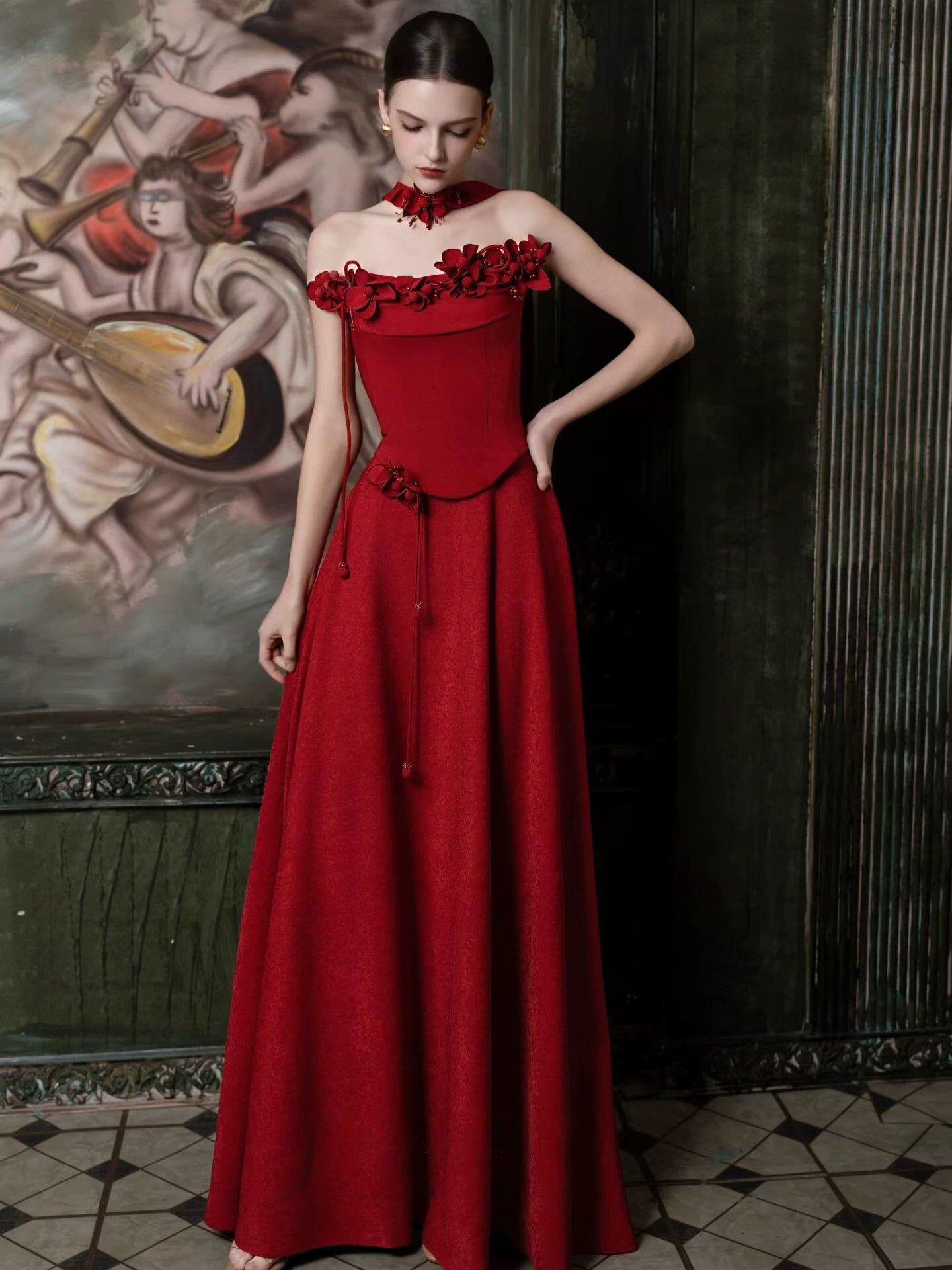 Wonderful Strapless Appliques Prom Dress With Scarf Burgundy Mermaid Formal Dress AP7049